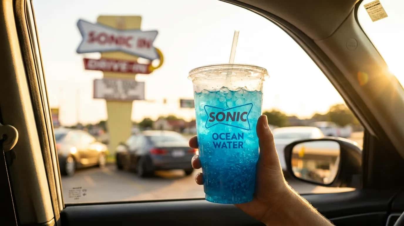 A Sonic Ocean Water, bright blue over Sonic's pellet ice, held up in a car
